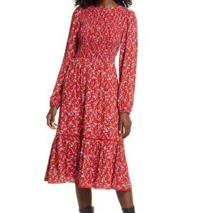 Lost + Wander Vineyards In The Valley Red Floral Smocked Midi Dress Size S